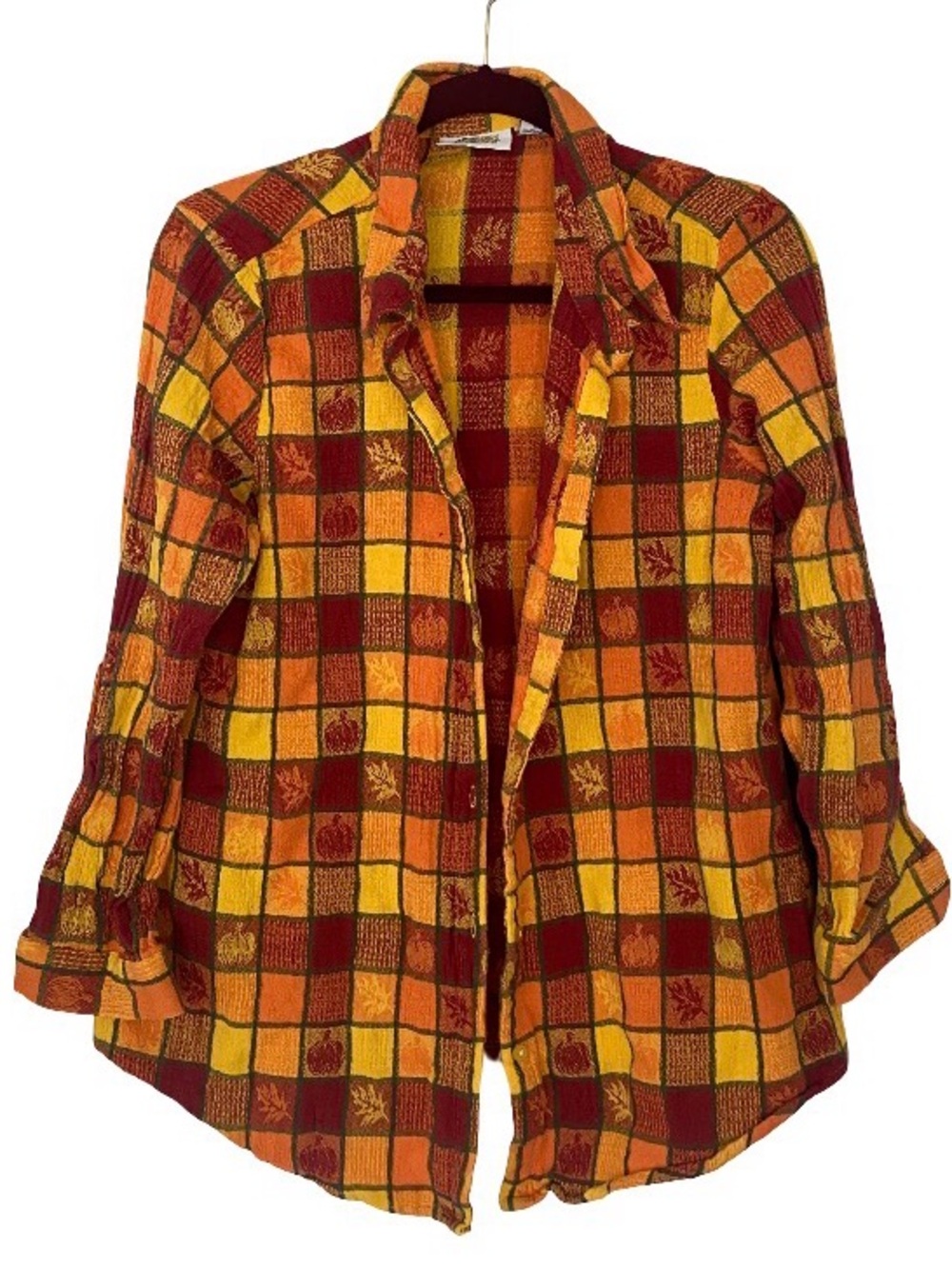 Vintage fall leaves autumn pumpkins cotton Collections Etc. boho button-down XL